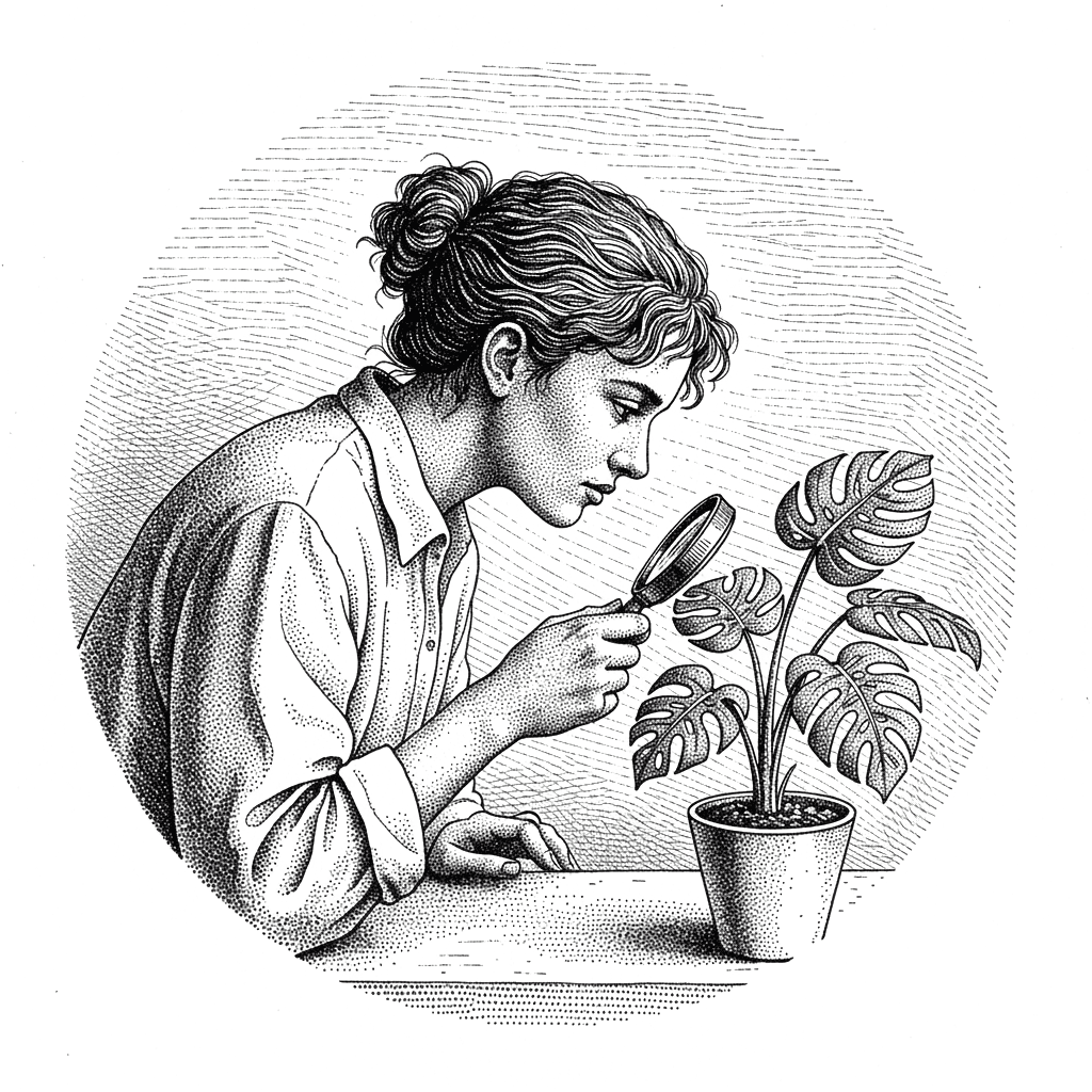 Artist studying Monstera plant